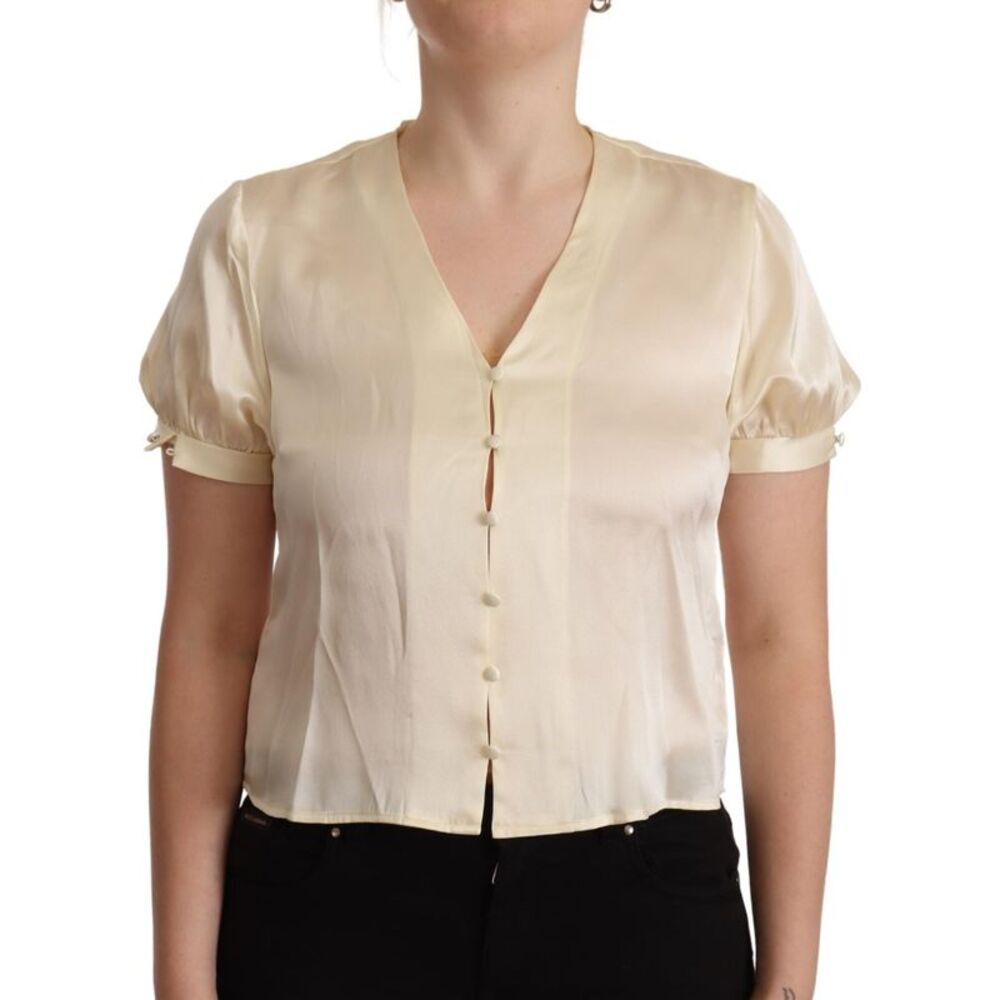 L'Autre Chose Blouse Off White Silk Short Sleeves V-neck Women's Top